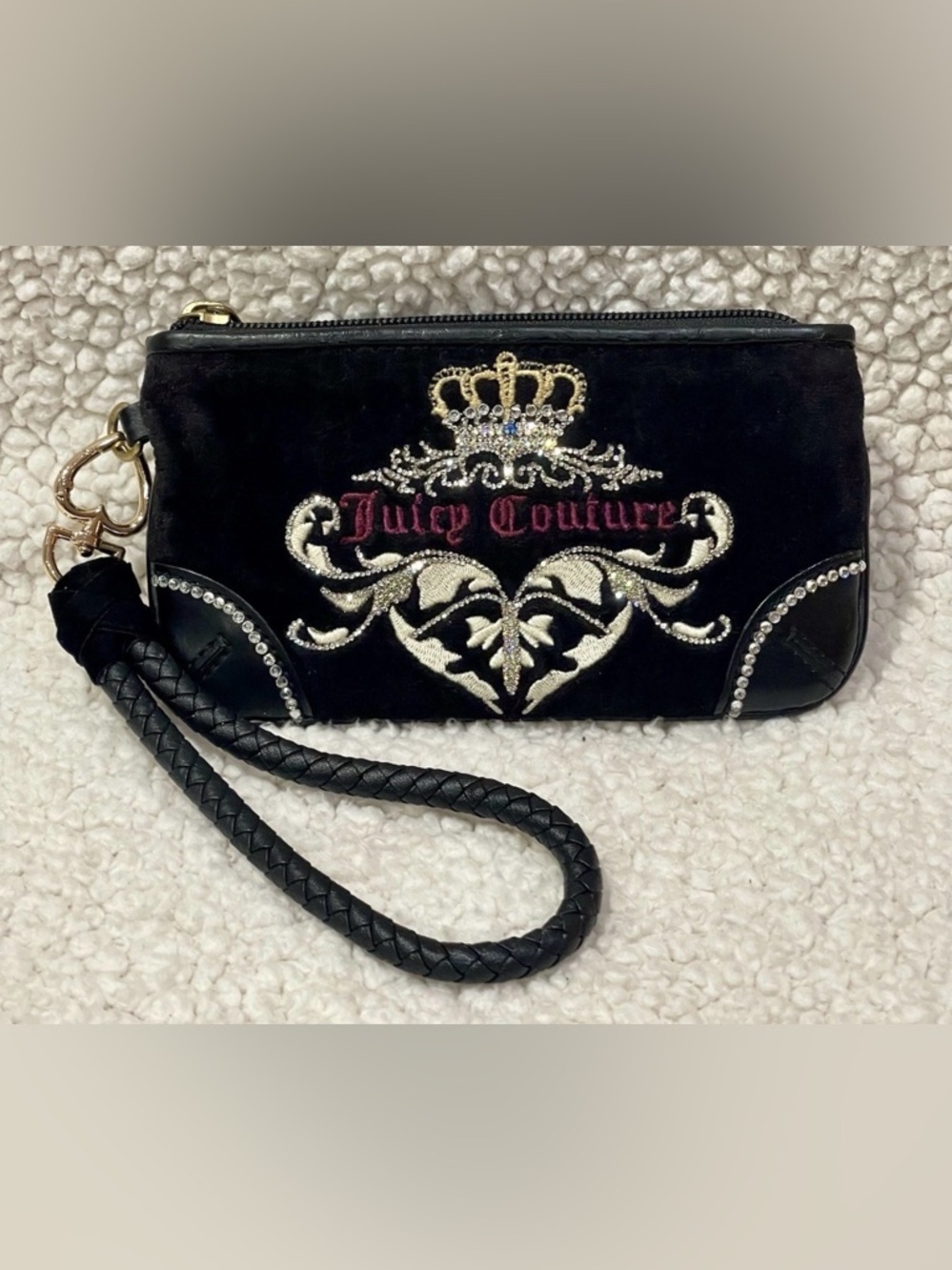 Custom Vintage Y2K Juicy Couture Black Embroidered/Rhinestone Wristlet